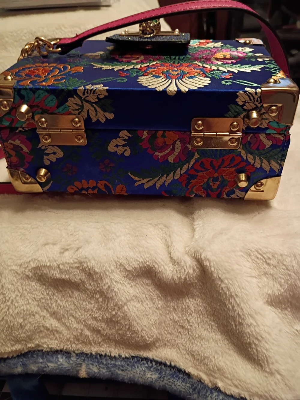 Aldo Asian Inspired BrocadeBlue Floral Box Crossbody with Gold Hardware